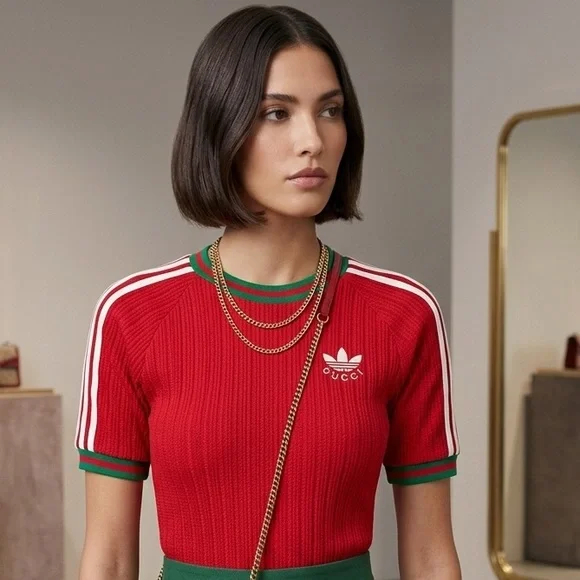 Gucci x Adidas Red Ribbed Short-Sleeve Knit Top with Green Trim - Picture 1 of 4